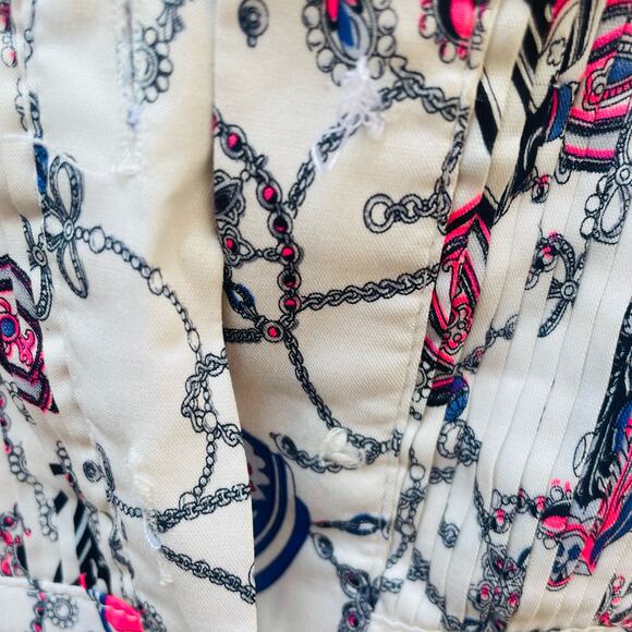 Green & Country Mini Shirt Dress Women's Size 42 White Printed Pintuck Button Up - Picture 7 of 11